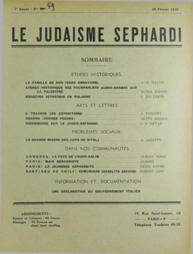 Le Judaïsme Sephardi N°59 (28 février 1938)
